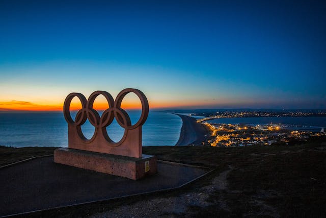The Olympic rings in the sunset